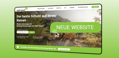 Grafik zum Website-Relaunch von MDT travel. Zu sehen ist ein Screenshot der neuen Website mit einem Reisemotiv. Im Vordergrund weist ein grüner Button mit der Aufschrift „Neue Website“ auf den neuen digitalen Auftritt hin.